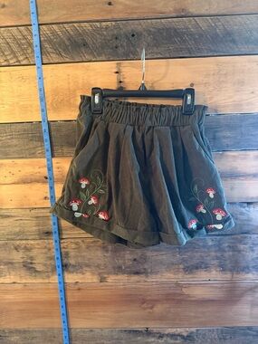 Green Corduroy Mushroom Embroidered Shorts Cottagecore Elastic Waist XS